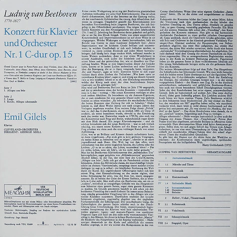 Ludwig van Beethoven, Emil Gilels, The Cleveland Orchestra, George Szell - Konzert Für Klavier Und Orchester Nr. 1 C-dur Op. 15