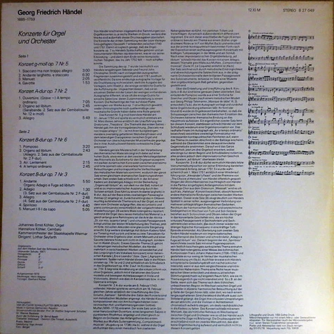 Georg Friedrich Händel / Johannes-Ernst Köhler, Kammerorchester Der Staatskapelle Weimar & Lothar Seyfarth - Orgelkonzerte Op. 7: Nr. 2, Nr. 3, Nr. 5 & Nr. 6