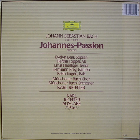 Johann Sebastian Bach, Evelyn Lear, Hertha Töpper, Ernst Haefliger, Hermann Prey, Kieth Engen, Münchener Bach-Chor & - Münchener Bach-Orchester, Karl Richter - Johannes-Passion