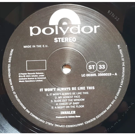 LP Inhaler It Wont Always Be Like This 00602435660196 Polydor 未開封 /00260 Inhaler – It Won't Always Be Like This – Vinyl (LP, Album, Stereo