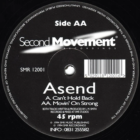 Asend - Can't Hold Back / Movin' On Strong - Vinyl 12" - 1994 - UK ...