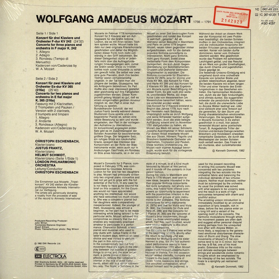 W.A. Mozart / Christoph Eschenbach / Justus Frantz / Helmut Schmidt / - Konzert für 3 Klaviere und Orchester KV 242 & Konzert für 2 Klaviere und Orchster KV 365