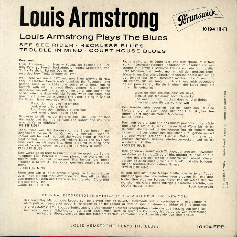 Louis Armstrong - Louis Armstrong Plays The Blues