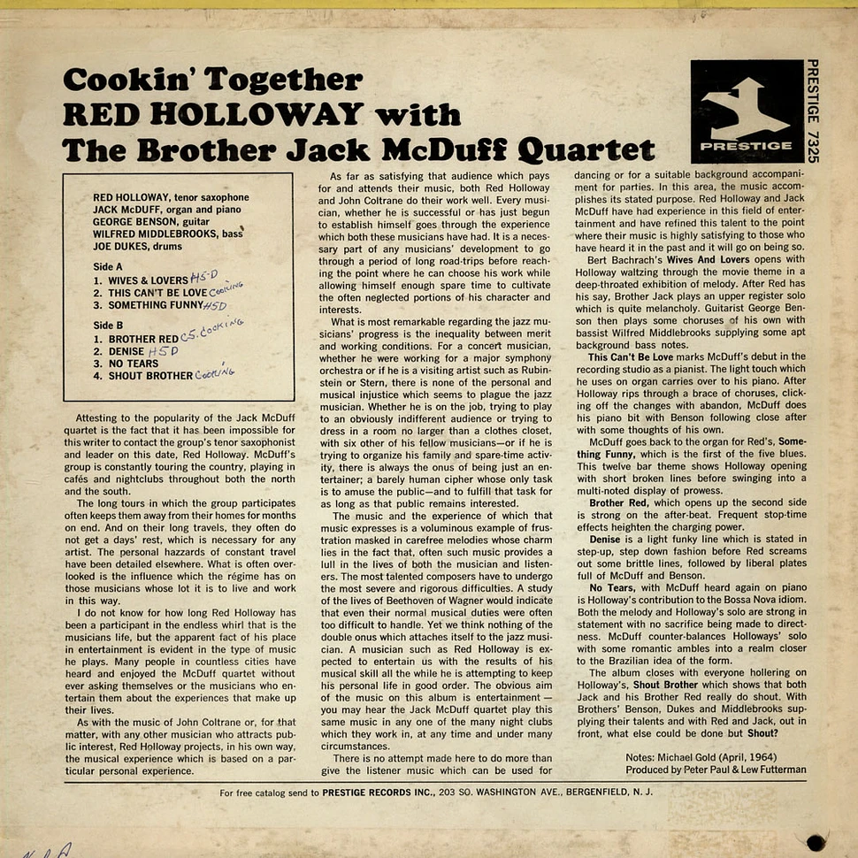 The Red Holloway With Brother Jack McDuff Quartet - Cookin' Together