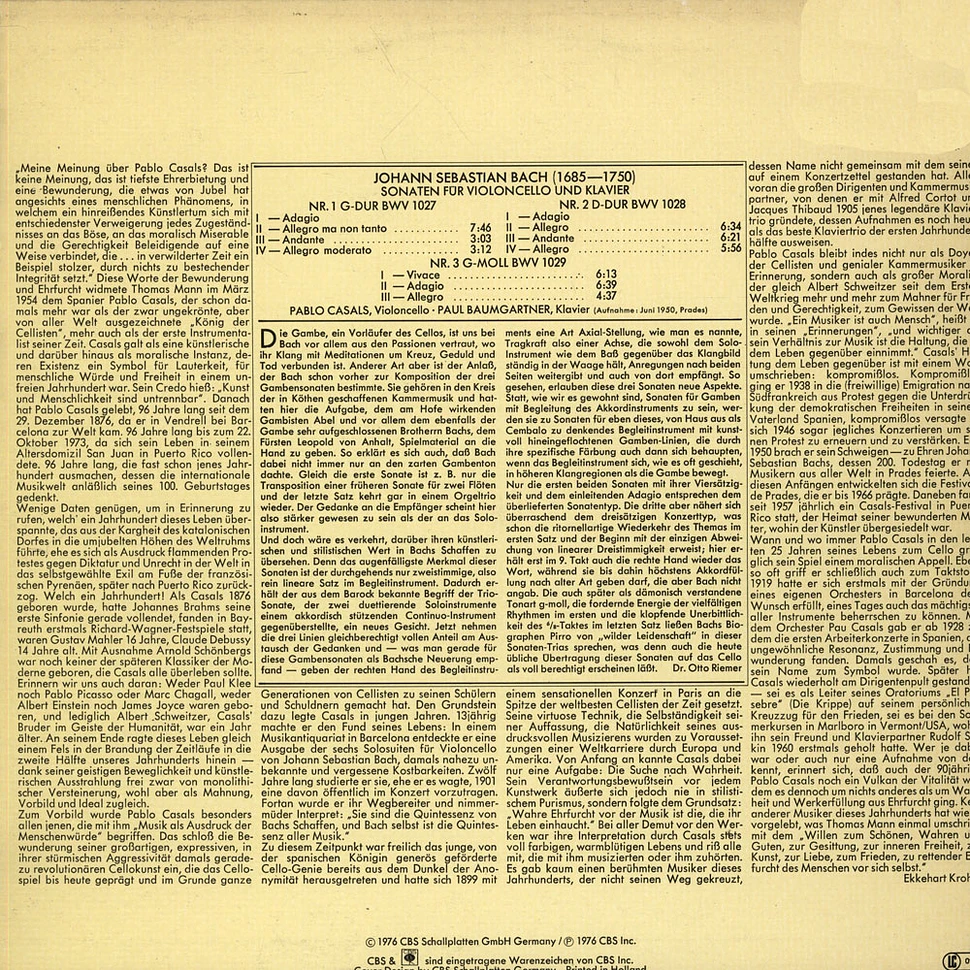 Johann Sebastian Bach - Pablo Casals / Paul Baumgartner - Sonaten Für Violoncello Und Klavier Nr. 1-3 BWV 1027-1029