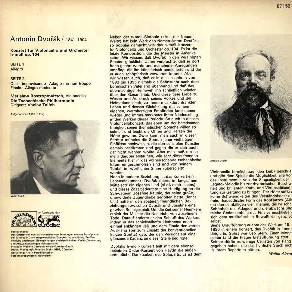 Antonin Dvorak - Mstislav Rostropovich / Czech Philharmonic Orchestra / Václav Talich - Cello Concerto op.104