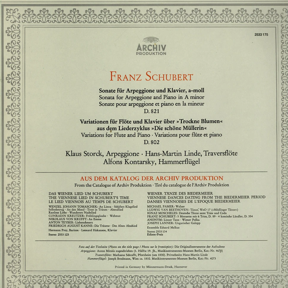 Franz Schubert - Storck / Kontarsky /Linde - Arpeggione Sonate D 821 / Variationen Für Flüte & Piano D 802