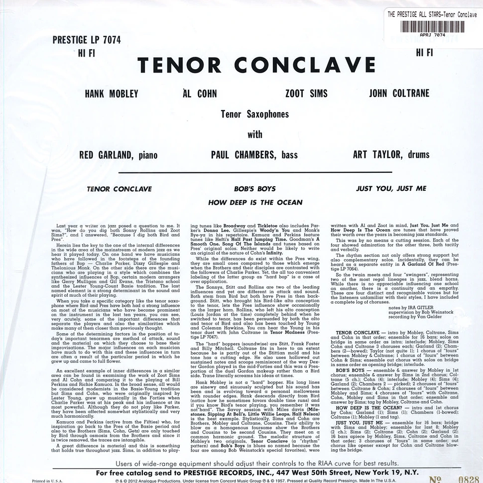 Prestige Allstars, The (Hank Mobley, Al Cohn, John Coltrane & Zoot Sims) - Tenor Conclave