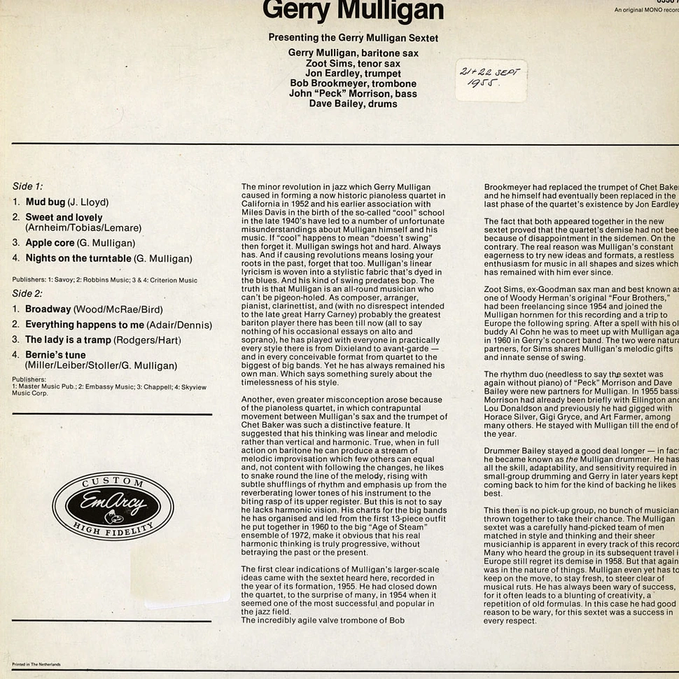 Gerry Mulligan And His Sextet - Presenting The Gerry Mulligan Sextet