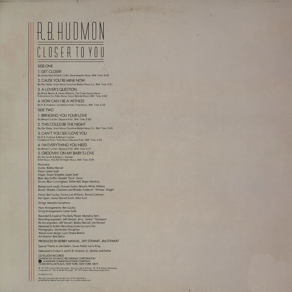 R.B. Hudmon - Closer To You
