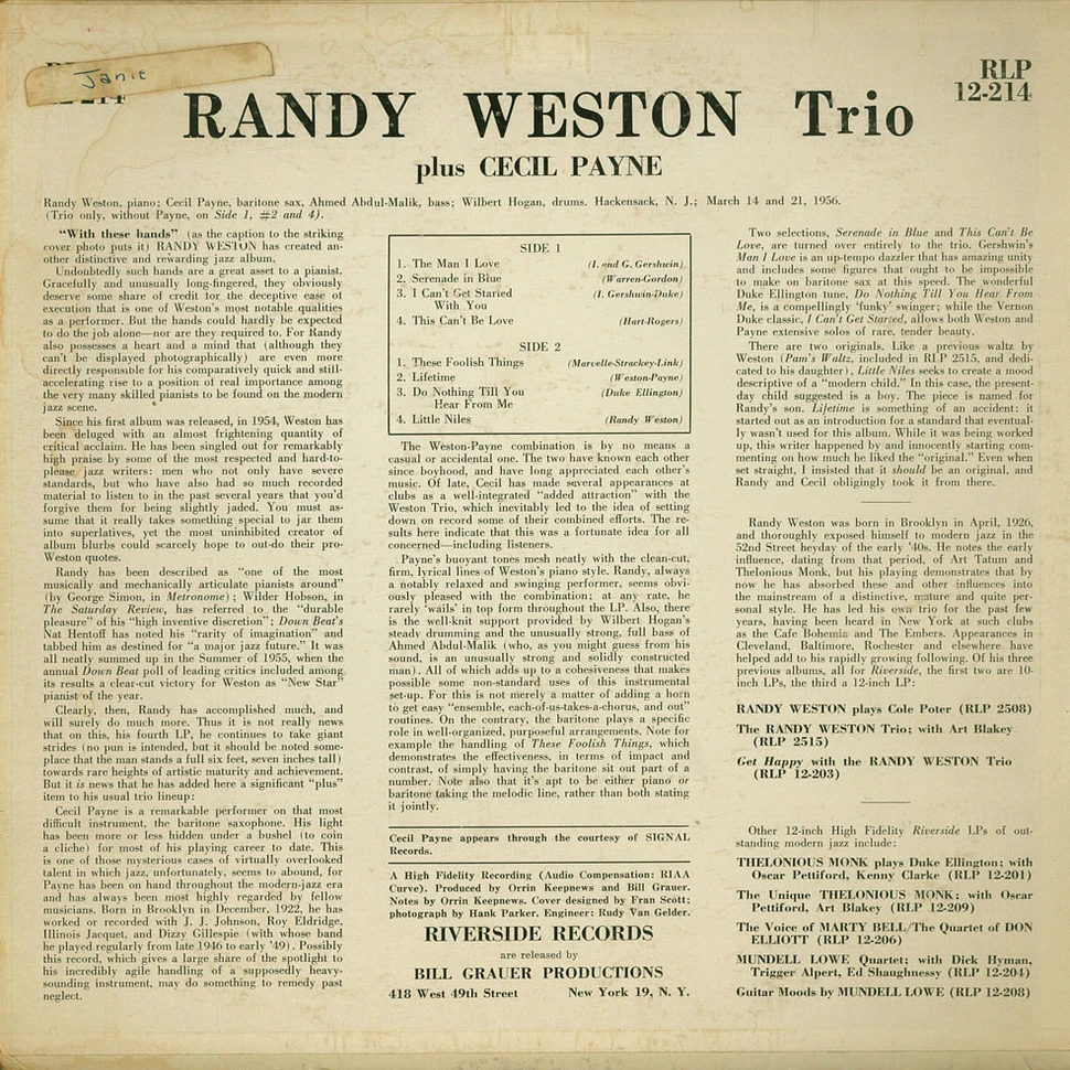 Randy Weston Trio Plus Cecil Payne - With These Hands . . .