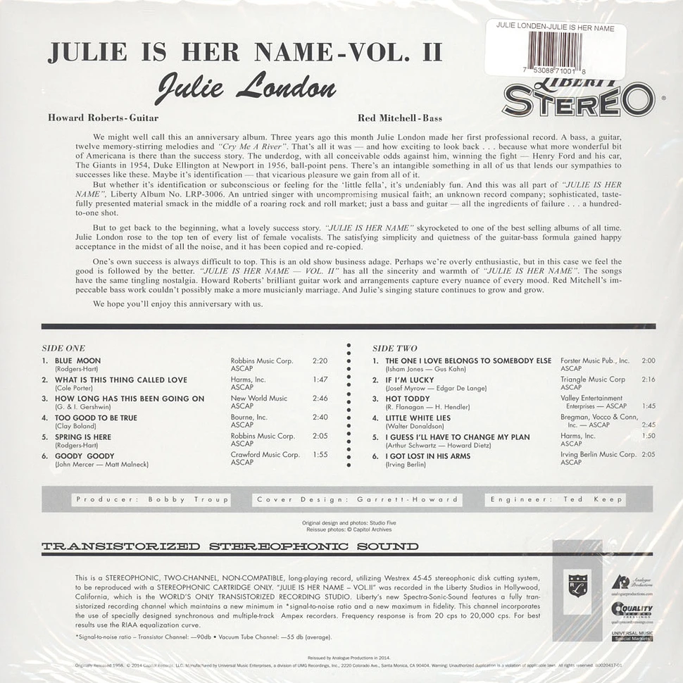 Julie London - Julie Is Her Name Volume 2 200g Vinyl Edition