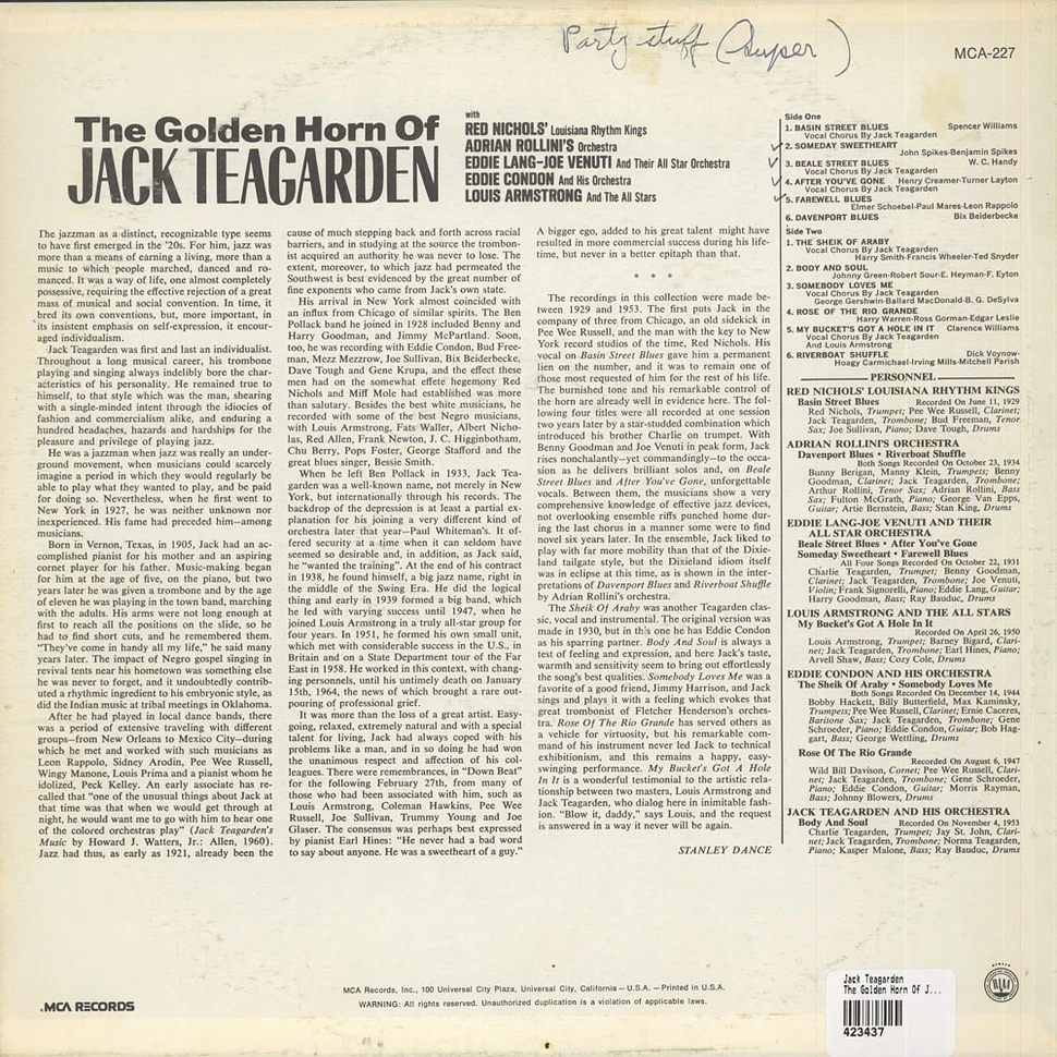 Jack Teagarden With Red Nichols' Louisiana Rhythm Kings, Adrian Rollini And His Orchestra, Eddie Lang-Joe Venuti And Their All Star Orchestra, Eddie Condon And His Orchestra, Louis Armstrong And His All-Stars - The Golden Horn Of Jack Teagarden