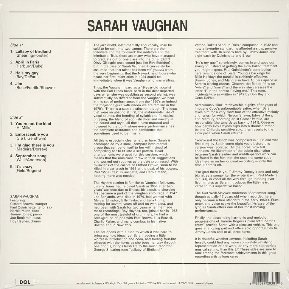 Sarah Vaughan - Sarah Vaughan 180g Vinyl Edition