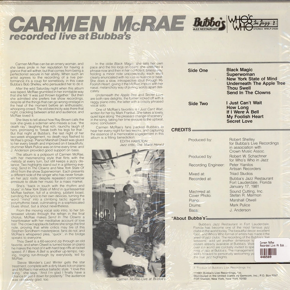 Carmen McRae - Recorded Live At Bubba's