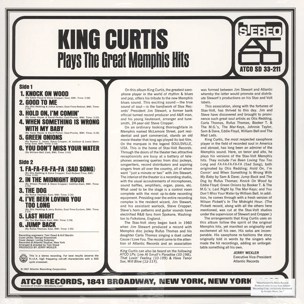 King Curtis - Plays The Great Memphis Hits Colored Vinyl Edition