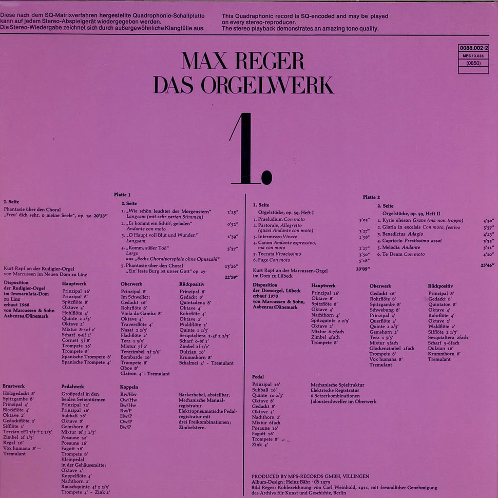 Max Reger, Kurt Rapf - Das Orgelwerk Auf Grossen Orgeln Europas 1.