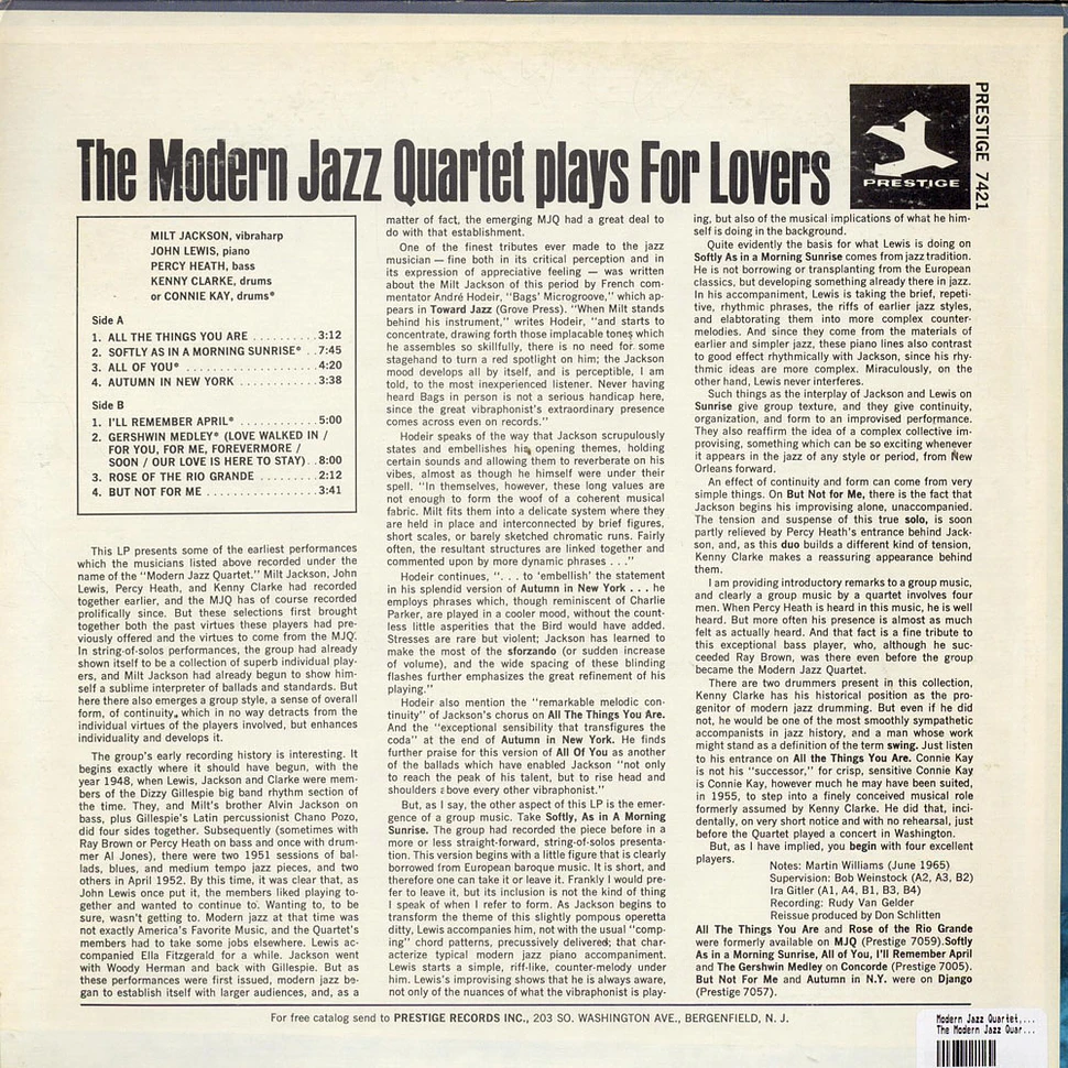 The Modern Jazz Quartet - The Modern Jazz Quartet Plays For Lovers