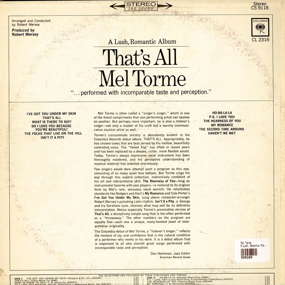 Mel Tormé - A Lush, Romantic Album That's All