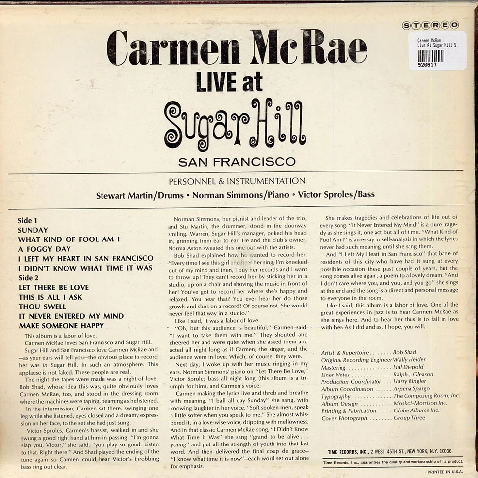 Carmen McRae - Live At Sugar Hill San Francisco