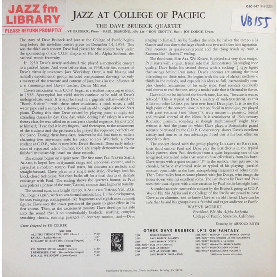 The Dave Brubeck Quartet Featuring Paul Desmond With Ron Crotty And Joe Dodge - Jazz At College Of The Pacific