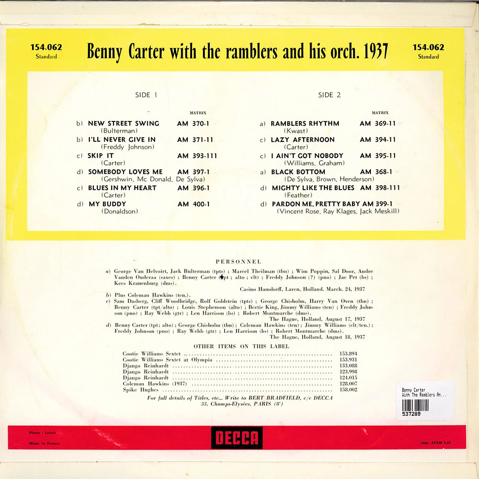 Benny Carter With The Ramblers And Benny Carter And His Orchestra - With The Ramblers And His Orchestra 1937
