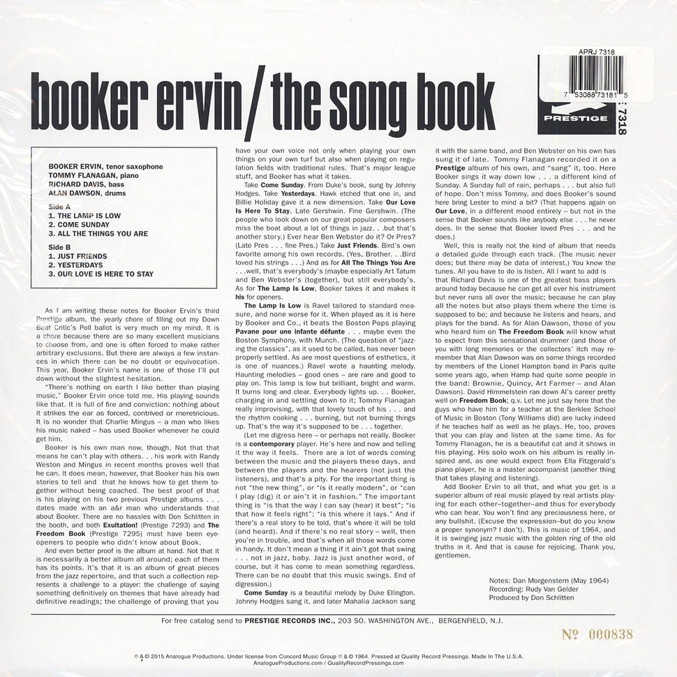 Booker Ervin - The Song Book 200g Vinyl Edition