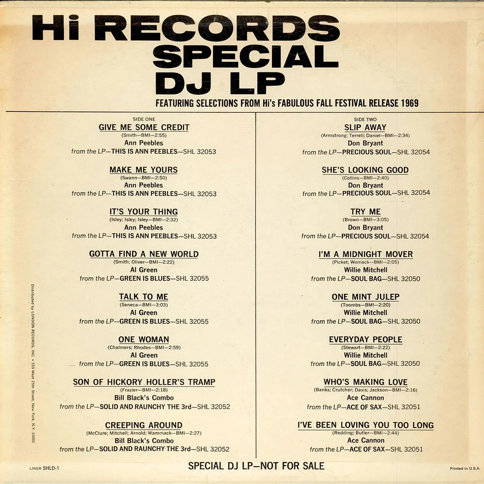 V.A. - Hi Records Special DJ LP Featuring Selections From Hi's Fabulous Fall Festival Release 1969