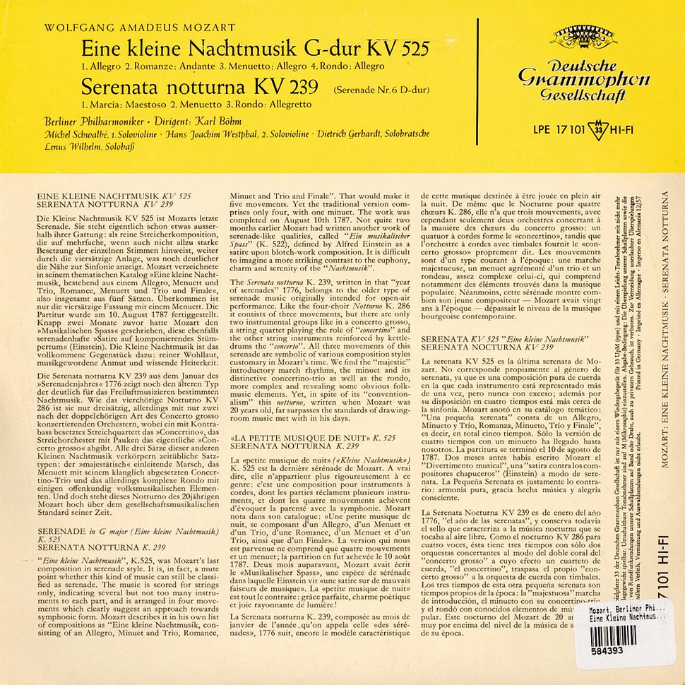 Wolfgang Amadeus Mozart, Berliner Philharmoniker ∙ Karl Böhm - Eine Kleine Nachtmusik G-dur KV 525 / Serenata Notturna KV 239 (Serenade Nr. 6 D-dur)