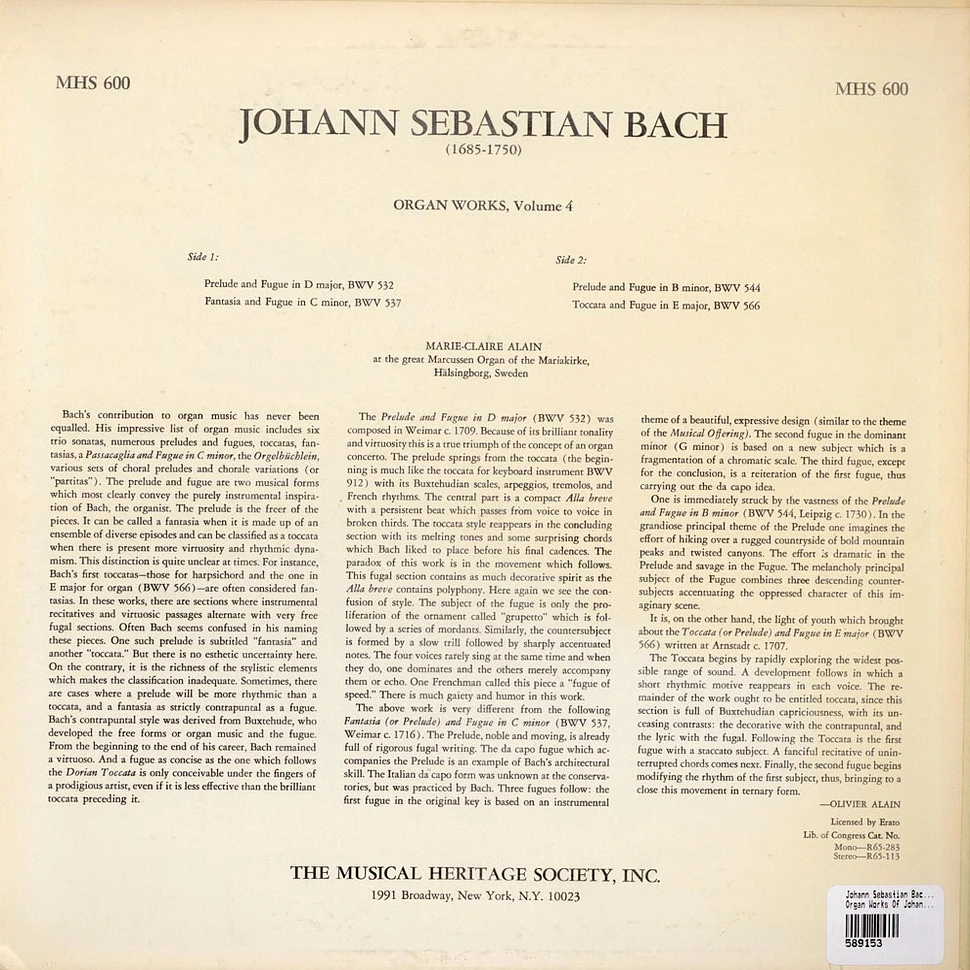 Johann Sebastian Bach / Marie-Claire Alain - Organ Works Of Johann Sebastian Bach, Volume 4