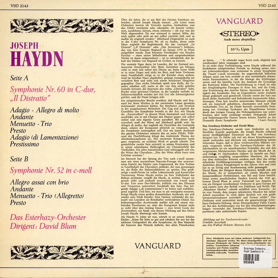 Joseph Haydn, The Esterhazy Orchestra, David Blum - Symphonie Nr. 60 In C-dur "Ïl Distratto" / Symphonie Nr. 52 In C-moll