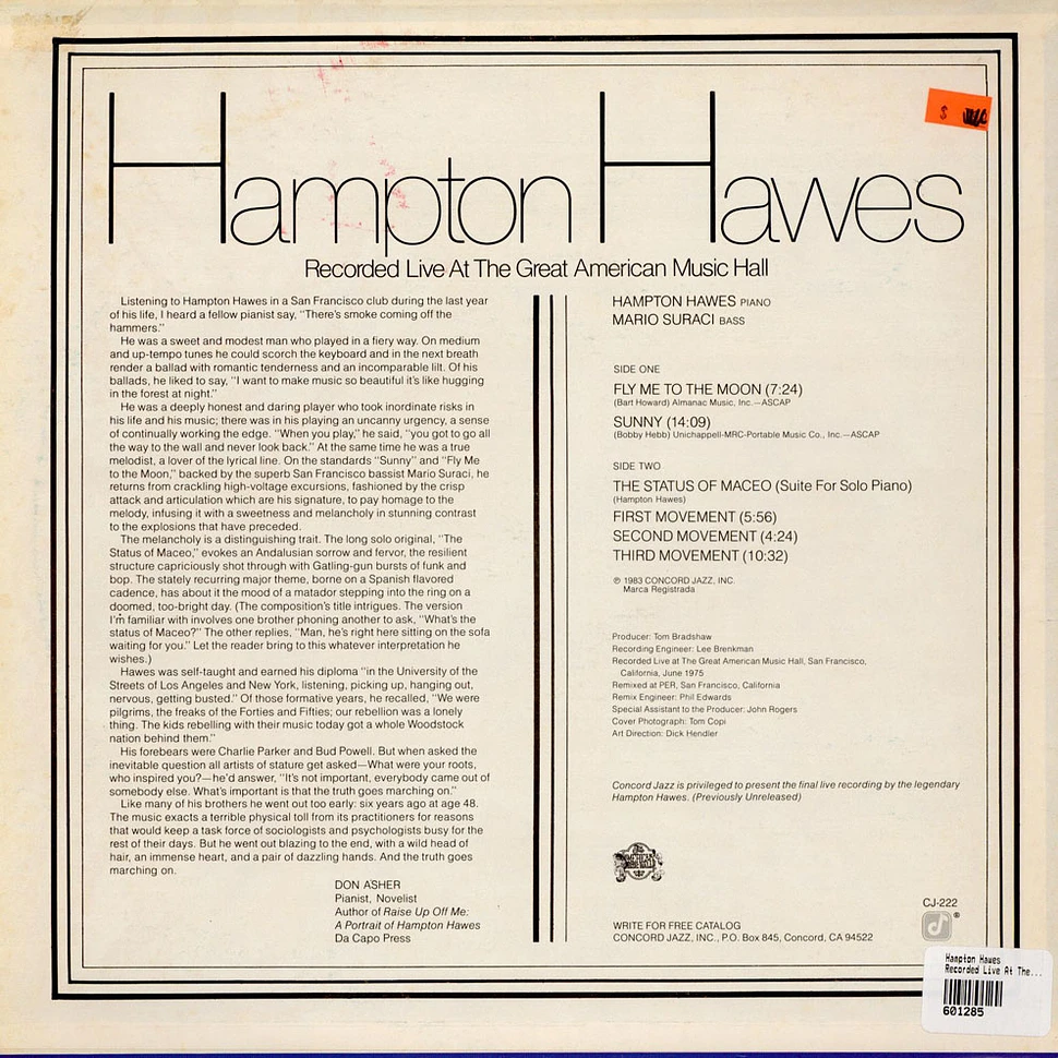 Hampton Hawes - Recorded Live At The Great American Music Hall