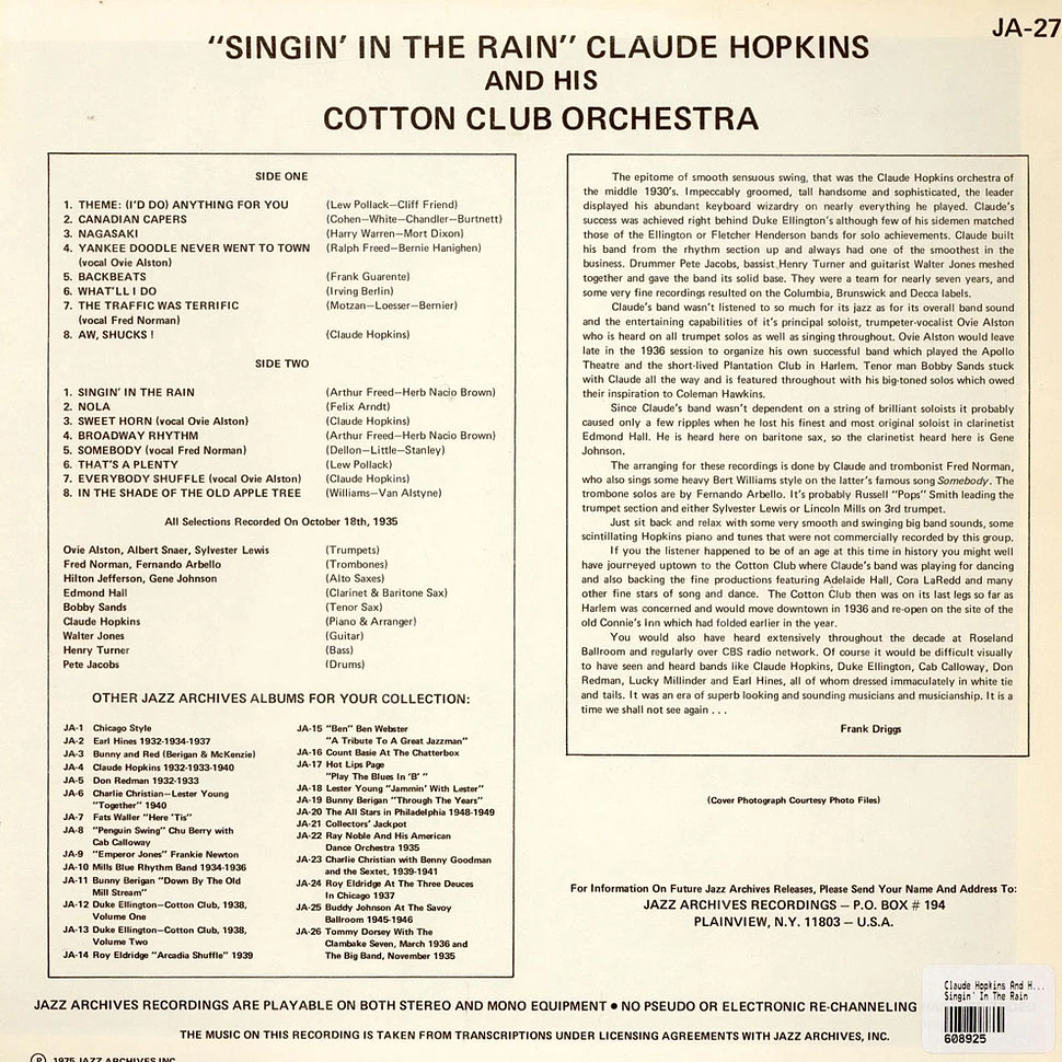 Claude Hopkins And His Orchestra - Singin' In The Rain