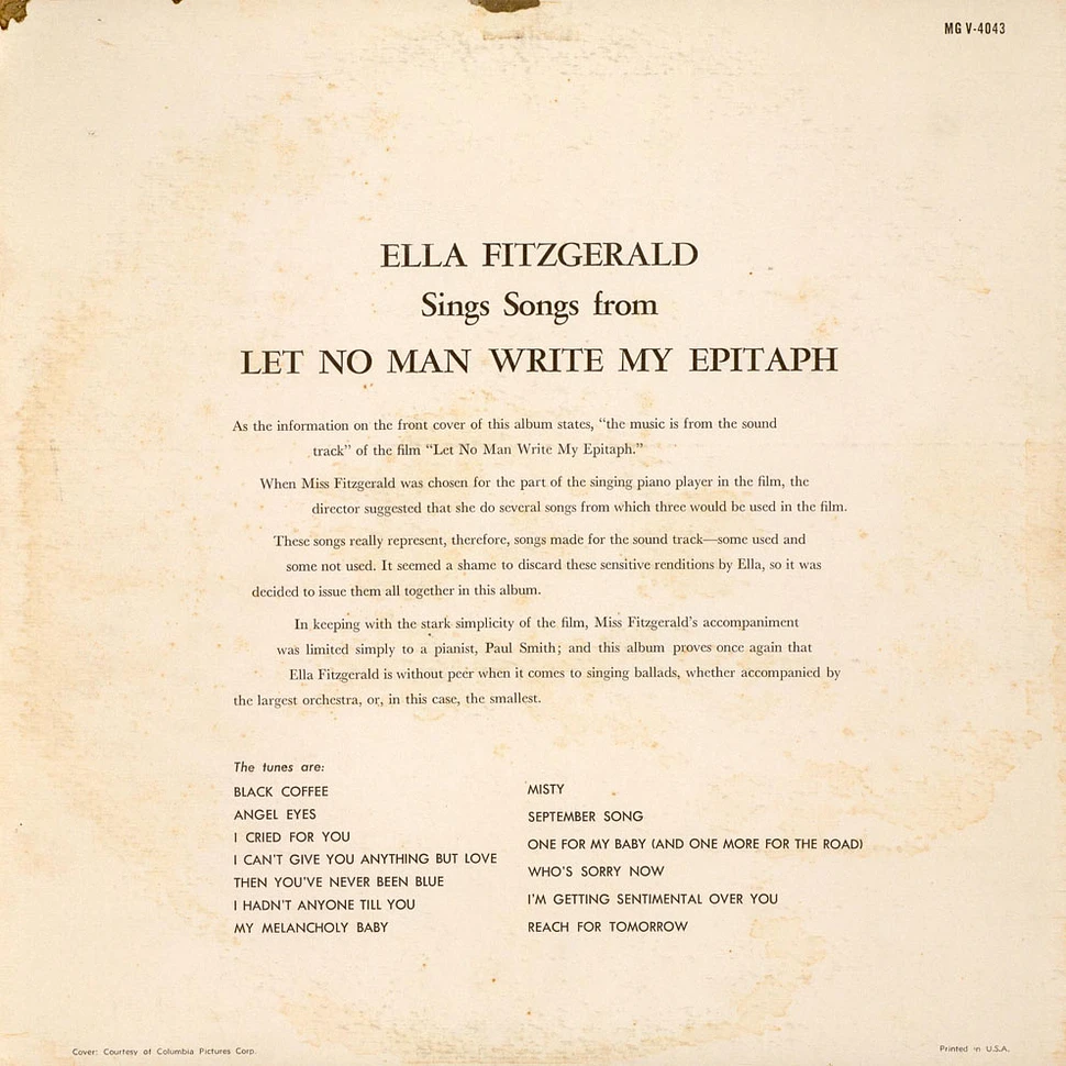 Ella Fitzgerald - Ella Fitzgerald Sings Songs From Let No Man Write My Epitaph