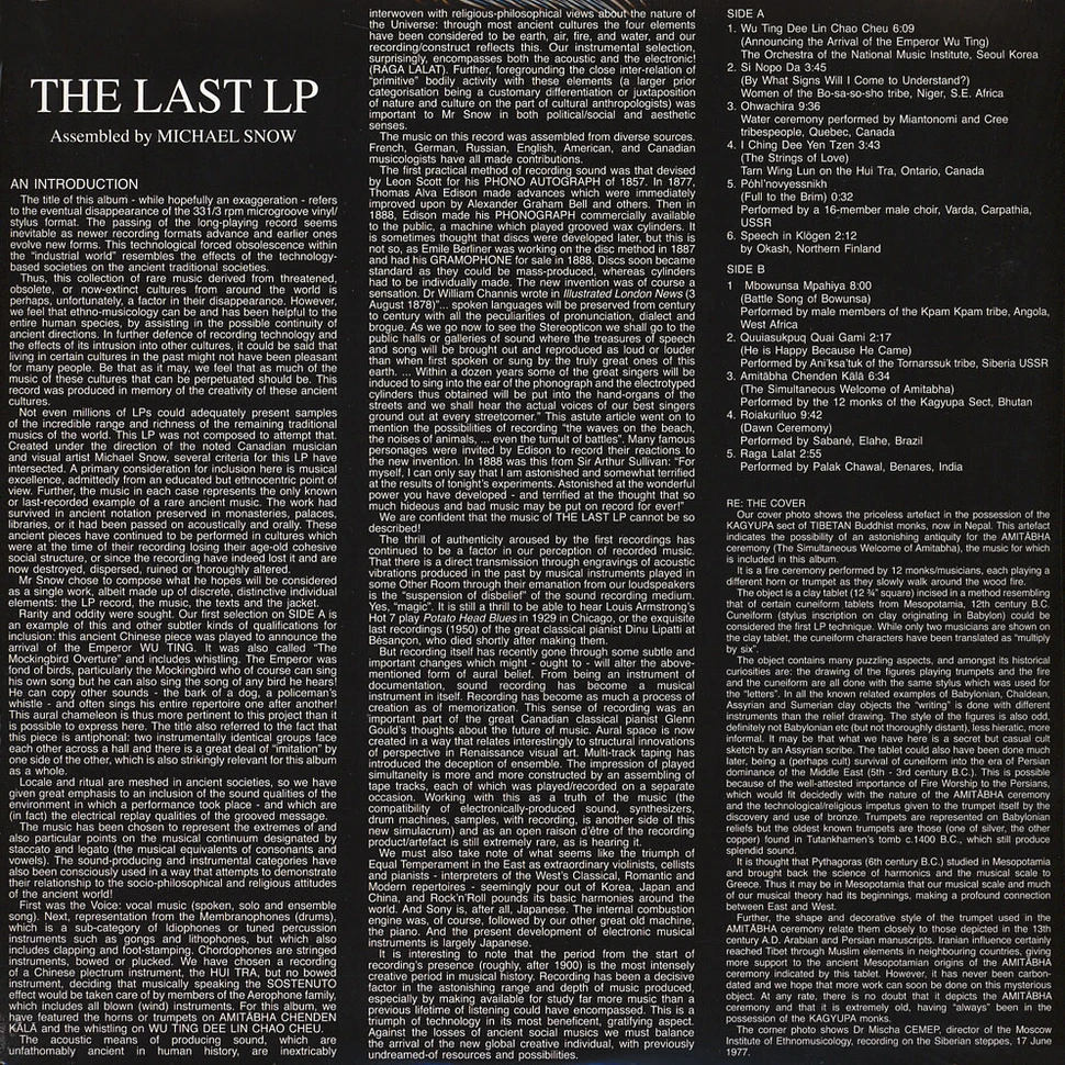 Michael Snow - The Last LP: Unique Last Recordings Of The Music Of Ancient Cultures
