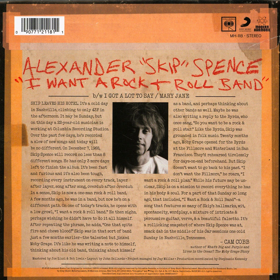 Alexander ''Skip'' Spence - I Want A Rock & Roll Band / I Got A Lot To Say / Mary Jane Record Store Day 2019 Edition