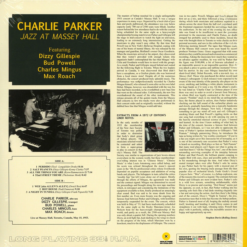 Charlie Parker - Jazz At Massey Hall - Limited Edition In Solid Yellow Colored Vinyl.