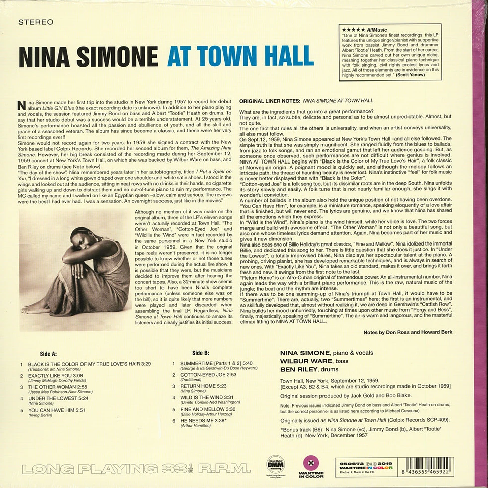 Nina Simone - At Town Hall Transparent Purple Vinyl Edition