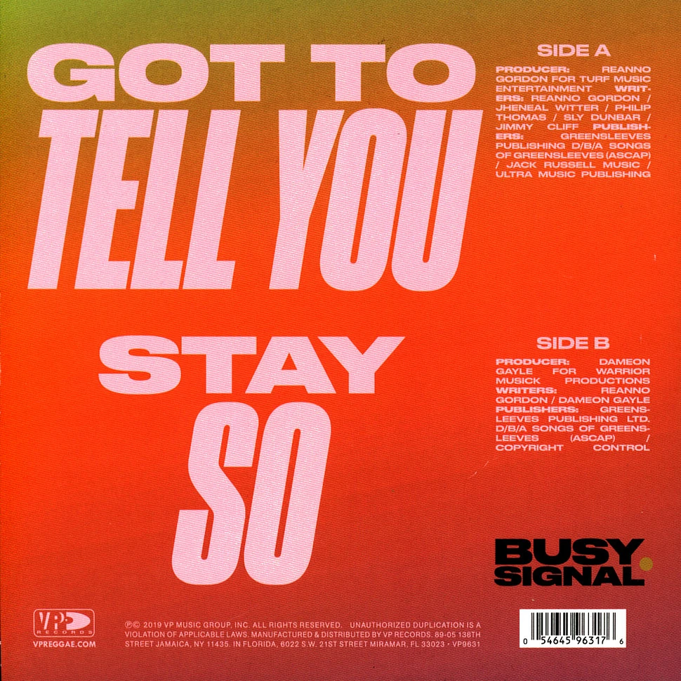 Busy Signal - Got To Tell You / Stay So