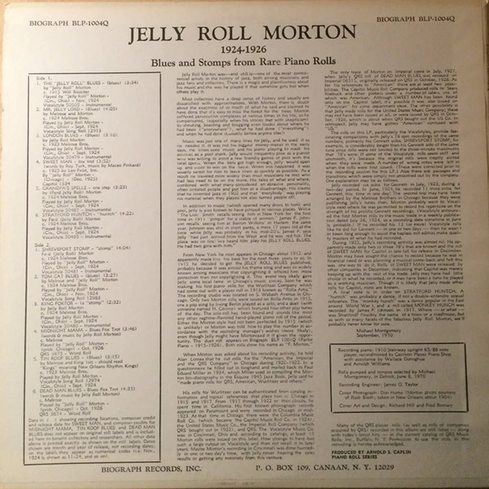 Jelly Roll Morton 1924-1926 Blues And Stomps From Rare Piano Rolls  Vinyl LP 1970 US Original HHV