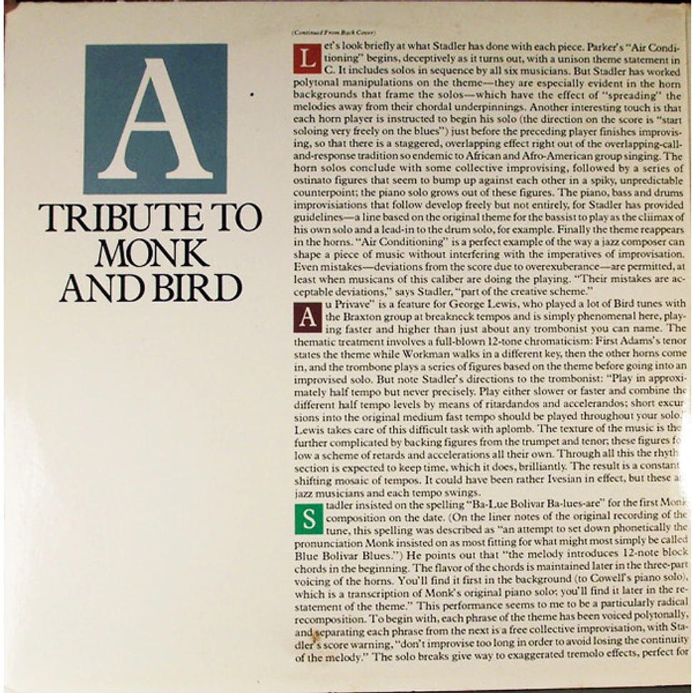 Thad Jones / George Adams / George Lewis / Stanley Cowell / Reggie Workman / Lenny White / Heiner Stadler - A Tribute To Monk And Bird