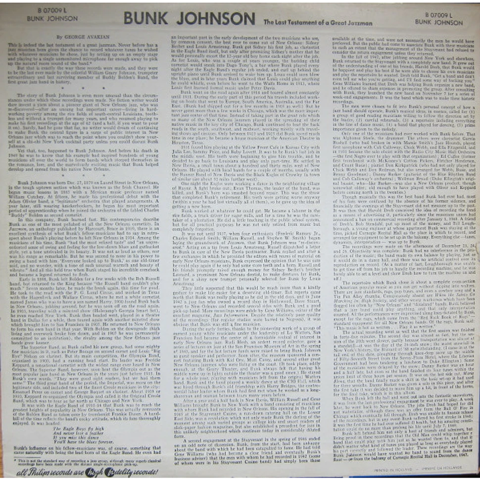 Bunk Johnson & His Band - The Last Testament Of A Great New Orleans Jazzman