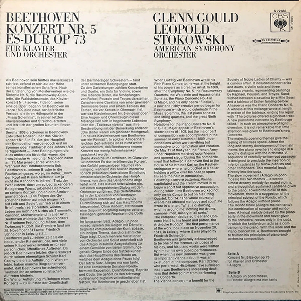 Ludwig van Beethoven, Glenn Gould, Leopold Stokowski, The American Symphony Orchestra - Konzert Nr. 5 Es-dur Op 73 Für Klavier Und Orchester