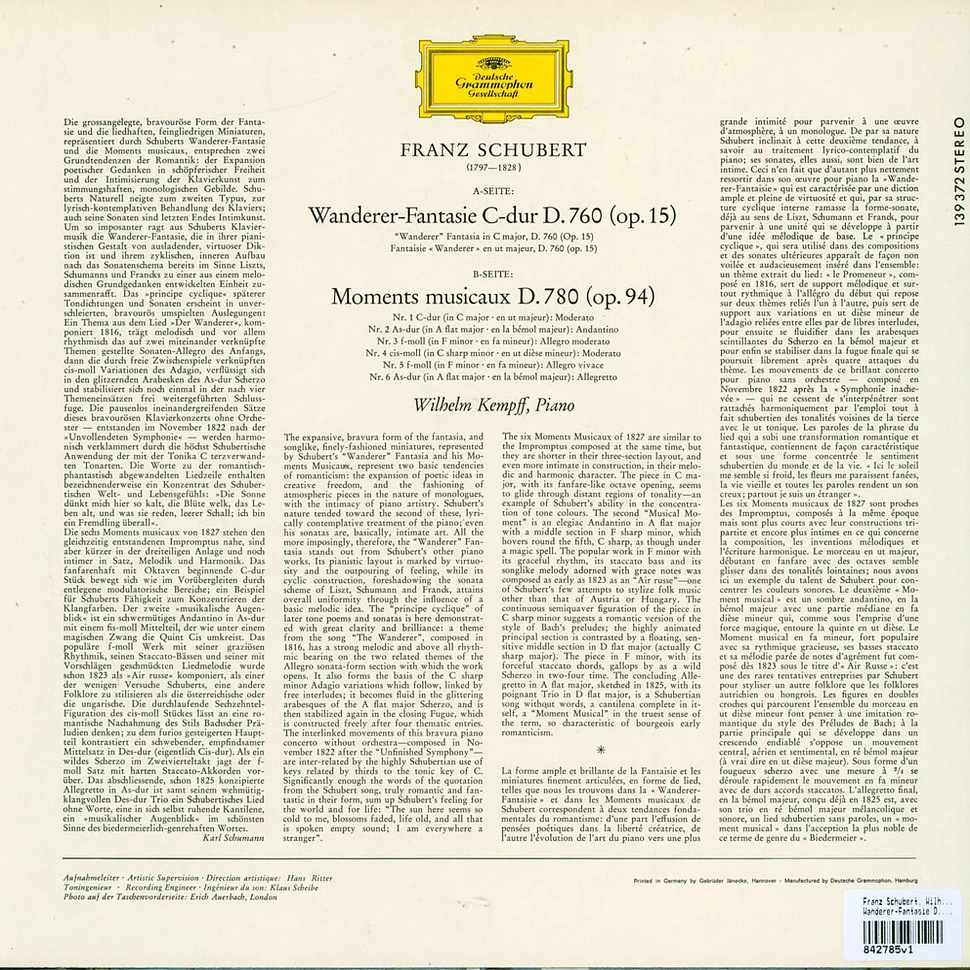 Franz Schubert, Wilhelm Kempff - Wanderer-Fantasie D.760 Moments Musicaux D.780