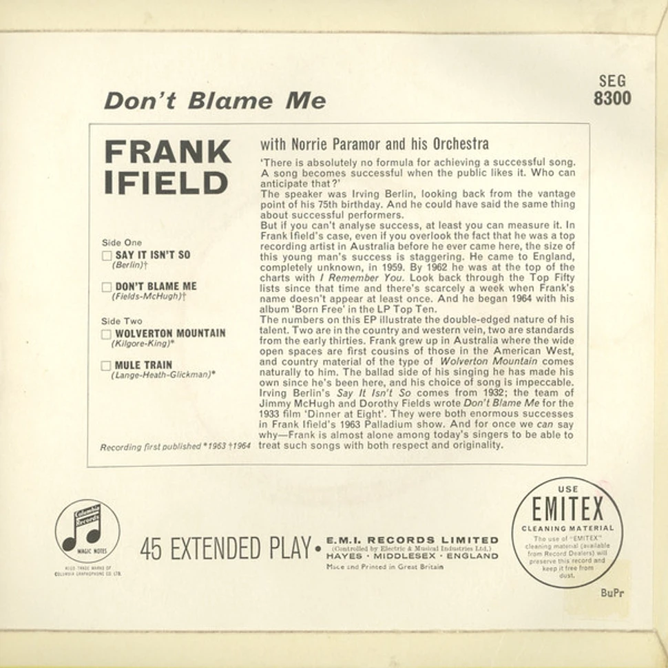 Frank Ifield With Norrie Paramor And His Orchestra - Don't Blame Me