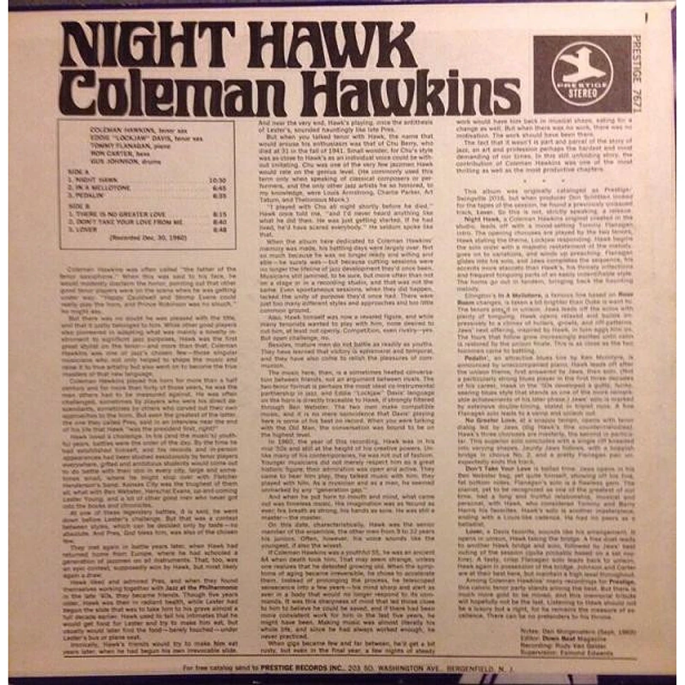 Coleman Hawkins Night Hawk Vinyl LP 1961 US Reissue HHV