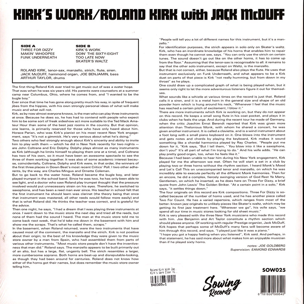 Roland Kirk With Jack Mcduff - Kirk's Work Clear Vinyl Edtion