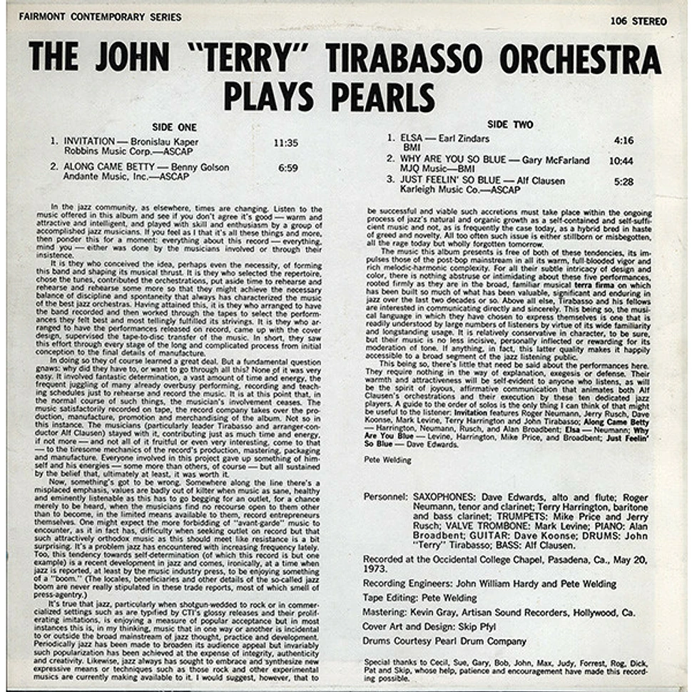 The John "Terry" Tirabasso Orchestra Arranged And Conducted By Alf Clausen - Plays Pearls