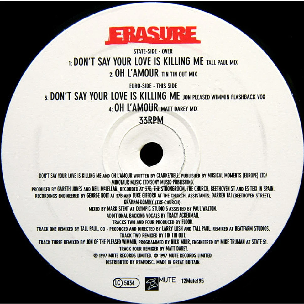 Erasure - Don't Say Your Love Is Killing Me