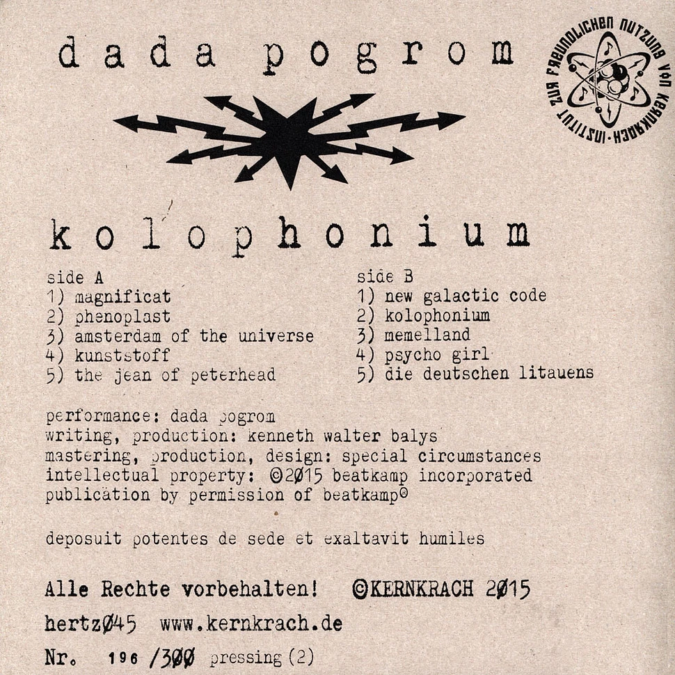 Dada Pogrom - Kolophonium